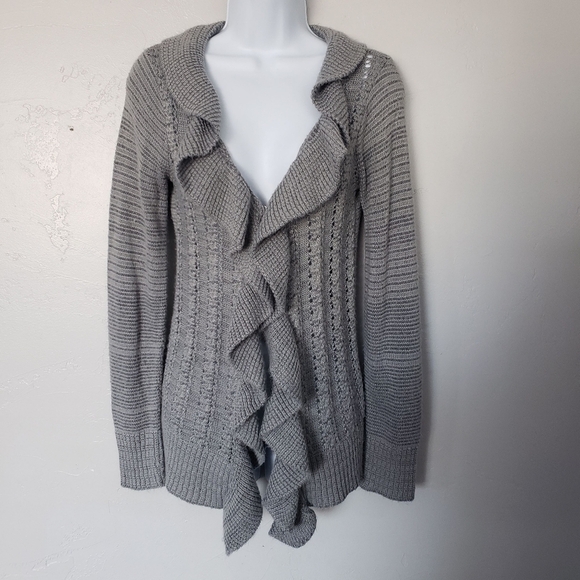 Grey Sweater Knit Long Sleeve Cardigan Draped Ruffle Girly Feminine Layering Top - Picture 1 of 8
